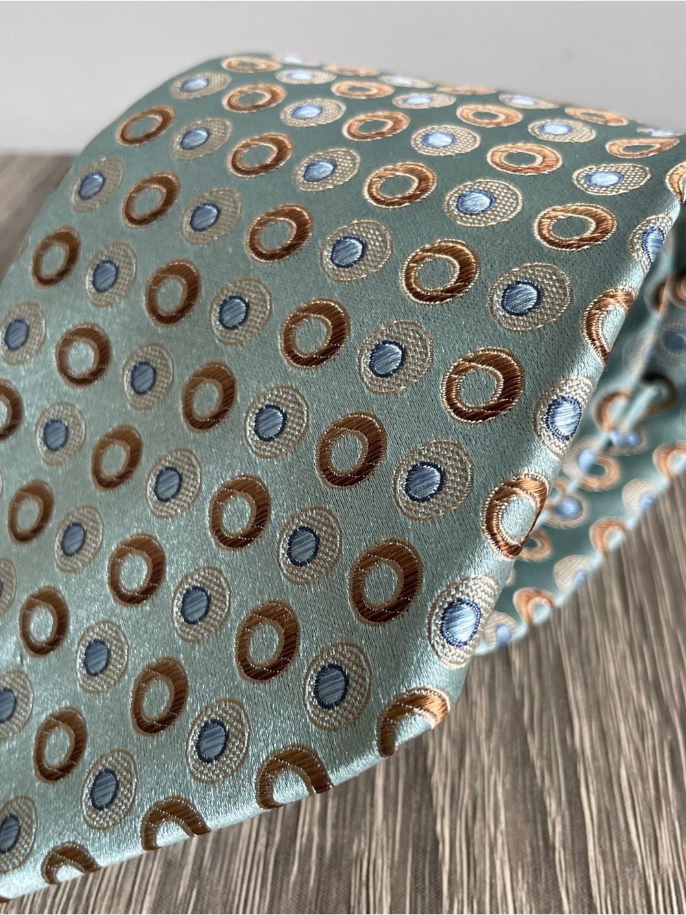 100% Silk Ermenegildo Zegna Aqua Tie with Gold, Brown and Light Blue Medallions